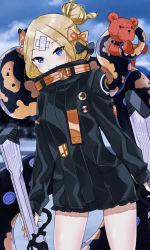 Rule 34 | 1girl, abigail williams (fate), abigail williams (traveling outfit) (fate), bandaid, bandaid on face, bandaid on forehead, belt, black bow, black jacket, blonde hair, blue eyes, blue sky, bow, closed mouth, cloud, cloudy sky, crossed bandaids, fate/grand order, fate (series), forehead, hair bow, hair bun, high collar, highres, jacket, long sleeves, looking at viewer, multiple hair bows, orange belt, orange bow, outdoors, parted bangs, shong, sky, sleeves past wrists, smile, solo, stuffed animal, stuffed toy, teddy bear, tentacles