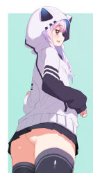 Rule 34 | 1girl, animal hood, aqua background, ass, azuma lim, azuma lim channel, batsuma, black skirt, black thighhighs, blush, breasts, brown eyes, cat hood, from below, highres, hood, hoodie, light purple hair, long hair, long sleeves, looking at viewer, looking back, miniskirt, open mouth, pleated skirt, simple background, skirt, sleeves past wrists, small breasts, solo, sweater, thighhighs, thighs, virtual youtuber, white hoodie