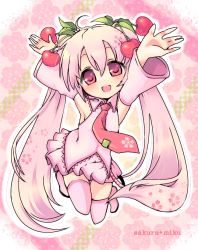 Rule 34 | 1girl, alternate color, alternate hair color, armpits, arms up, boots, cherry, chibi, detached sleeves, food, fruit, hatsune miku, long hair, open mouth, pink eyes, pink footwear, pink hair, ro (igris-geo), sakura miku, skirt, smile, solo, twintails, very long hair, vocaloid