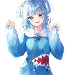 Rule 34 | 1girl, animal hood, bad id, bad pixiv id, blue eyes, blue hair, blue hoodie, blush, breasts, fang, gao, gawr gura, gawr gura (1st costume), hand up, hands up, hololive, hololive english, hood, hoodie, long sleeves, looking at viewer, medium hair, minttchocok, multicolored hair, nail polish, open mouth, shark hood, simple background, small breasts, solo, streaked hair, teeth, two side up, virtual youtuber, white background, white hair