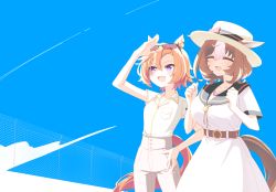 Rule 34 | 2girls, alternate costume, animal ears, arm up, belt, blush, boater hat, breast pocket, brown hair, clenched hands, closed mouth, cloud, collared shirt, contrail, dress, ears through headwear, eyewear on head, fence, hand on own hip, hands up, hihiqhi, horse ears, horse girl, horse tail, meisho doto (umamusume), multiple girls, open mouth, orange hair, outdoors, pants, pocket, purple eyes, sailor collar, shading eyes, shirt, shirt tucked in, short sleeves, smile, standing, sunglasses, t.m. opera o (umamusume), tail, umamusume, white dress