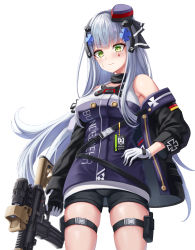 Rule 34 | 1girl, absurdres, assault rifle, black jacket, black ribbon, black shorts, blue hair, blush, breasts, closed mouth, clothes pull, crossed bangs, from below, german flag, girls&#039; frontline, gloves, gongbangmanchi (daisy cutter), green eyes, gun, h&amp;k hk416, hair ornament, hair ribbon, hand on own hip, hat, highres, hk416 (girls&#039; frontline), hk416 (mod3) (girls&#039; frontline), holding, holding weapon, jacket, jacket pull, long hair, medium breasts, mini hat, official alternate costume, purple hat, ribbon, rifle, shorts, solo, standing, teardrop, teardrop facial mark, teardrop tattoo, uniform, weapon, white background, white gloves