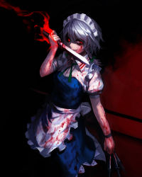 Rule 34 | 1girl, apron, between fingers, blood, blood on clothes, blood on face, blood on hands, bloody knife, blue dress, braid, crazy smile, darkness, dress, flaming sword, flaming weapon, glowing, glowing eyes, highres, holding, izayoi sakuya, knife, looking at viewer, maid, maid apron, maid headdress, puffy sleeves, red eyes, shirt, short sleeves, silver hair, smile, solo, spark621, touhou, twin braids, waist apron