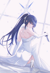 Rule 34 | 1girl, absurdres, ass, black hair, blue archive, blue halo, blush, breasts, choker, dress, elbow gloves, gloves, halo, high heels, highres, holding, holding knife, knife, large breasts, long hair, official alternate costume, open mouth, saori (blue archive), saori (dress) (blue archive), solo, usagi (786113654), white choker, white dress, white footwear, white gloves