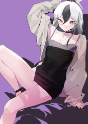 Rule 34 | 1girl, armpits, black choker, black dress, black hair, black horns, black nails, blue archive, blush, breasts, choker, cleavage, closed mouth, demon horns, dress, fingernails, foot out of frame, grey halo, grey jacket, hair between eyes, halo, horns, ikuchan kaoru, jacket, kayoko (blue archive), kayoko (dress) (blue archive), long hair, long sleeves, looking at viewer, multicolored hair, nail polish, official alternate costume, open clothes, open jacket, purple background, red eyes, simple background, sitting, sleeveless, sleeveless dress, small breasts, solo, white hair