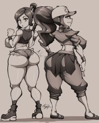 Rule 34 | 2girls, anguriask, artist name, ass, avatar: the last airbender, avatar legends, baggy pants, baseball cap, breasts, cosplay, costume switch, creatures (company), crossover, game freak, hand on own hip, hat, highres, hilda (pokemon), huge ass, large breasts, long hair, monochrome, multiple girls, nintendo, pants, pokemon, ponytail, shoes, smile, thick thighs, thighs, ty lee