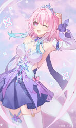 Rule 34 | 1girl, absurdres, arm up, armpits, bare shoulders, blue dress, blue eyes, blurry, breasts, chinese commentary, cleavage, colored tips, commentary request, cowboy shot, depth of field, detached sleeves, dress, garter straps, hand on own head, highres, honkai: star rail, honkai (series), layered dress, long sleeves, looking at viewer, march 7th (honkai: star rail), medium breasts, medium hair, multicolored clothes, multicolored dress, multicolored hair, multicolored sleeves, nail polish, official alternate costume, one eye closed, open mouth, pink eyes, pink hair, purple dress, purple sleeves, short dress, sideless outfit, smile, solo, thighhighs, tiara, two-tone dress, two-tone eyes, white sleeves, white thighhighs, yukiri (l ii), zettai ryouiki