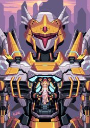 Rule 34 | 1girl, absurdres, artist name, blonde hair, breasts, cecihoney, city, cleavage, collarbone, commentary, cover, crossed legs, dress, english commentary, grey eyes, highres, magazine cover, mecha, original, pixel art, robot, science fiction, sitting, skyline, trasgo, visor, white dress