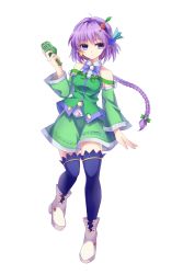 Rule 34 | 1girl, akinomiya asuka, black thighhighs, blue bow, bow, braid, detached sleeves, expressionless, full body, green shirt, green skirt, hairband, highres, holding, holding microphone, long hair, looking at viewer, microphone, musical note, mystical power plant, original, print skirt, purple eyes, purple hair, purple hairband, roman numeral, shirt, shoes, single braid, skirt, solo, standing, thighhighs, toone riko, touhou, transparent background, white background, white footwear