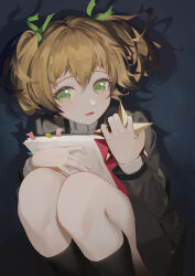 Rule 34 | 1girl, absurdres, black background, black socks, blonde hair, bookmark, buttons, commentary request, daiba nana, feet out of frame, gradient background, green eyes, green ribbon, grey background, grey jacket, grey skirt, hair between eyes, hair ribbon, hands up, highres, holding, holding notebook, holding star, jacket, kneehighs, knees up, long sleeves, looking at viewer, miniskirt, notebook, open clothes, open jacket, parted lips, ribbon, school uniform, seishou music academy uniform, shadow, shirt, short hair, short twintails, shoujo kageki revue starlight, skirt, socks, solo, squatting, star (symbol), twintails, wannatchears, white shirt