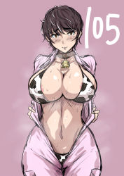 Rule 34 | 10s, 1girl, animal print, areola slip, bell, black beat, black hair, blush, breasts, brown eyes, collar, covered erect nipples, cow print, cowbell, curvy, idolmaster, idolmaster cinderella girls, jumpsuit, large breasts, neck bell, nipples, oikawa shizuku, open clothes, short hair, solo, sweat, unzipped