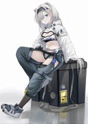 Rule 34 | 1girl, absurdres, animal ears, arknights, aurora (arknights), bear ears, belt, belt pouch, black gloves, black hairband, black pants, black socks, blue eyes, blush, box, breasts, cigarette p, cleavage, closed mouth, crop top, extra ears, full body, gloves, grey footwear, grey hair, hair ornament, hair over one eye, hairband, hairclip, highres, long hair, long sleeves, looking at viewer, medium breasts, navel, pants, pouch, puffy long sleeves, puffy sleeves, shoes, shrug (clothing), sign, simple background, sitting, smile, socks, solo, very long hair, warning sign, white background