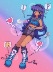 Rule 34 | !, 1990s (style), 1girl, ?, bag, black eyes, black skirt, black socks, blue background, blue footwear, blue hair, blue shirt, blush, bracelet, breasts, bubble background, clothes writing, cresscin, dark skin, earrings, hairband, handbag, heart, highres, jewelry, long hair, looking at viewer, midriff, open mouth, original, pink background, retro artstyle, shirt, shoes, skirt, small breasts, smiley face, socks, sparkle, standing, tank top, two-tone background