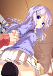 Rule 34 | 1girl, black footwear, blue eyes, blue sweater, blurry, blurry background, blush, breasts, ceiling, chinomaron, commentary request, depth of field, from below, gochuumon wa usagi desu ka?, hair between eyes, hair ornament, hallway, highres, holding hands, indoors, kafuu chino, long hair, looking at viewer, looking down, out of frame, panties, pleated skirt, purple hair, sailor collar, school, school uniform, serafuku, shoe soles, shoes, signature, skirt, sleeves past wrists, small breasts, solo focus, standing, standing on one leg, striped clothes, striped panties, sweater, tile ceiling, tiles, twitter username, underwear, very long hair, white sailor collar, white skirt, x hair ornament