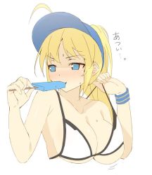 Rule 34 | 1girl, adjusting clothes, adjusting swimsuit, ahoge, artoria pendragon (fate), bikini, blonde hair, blue eyes, breasts, cleavage, cropped torso, fate/grand order, fate (series), food, large breasts, machimura komori, mysterious heroine x (fate), mysterious heroine xx (fate), ponytail, popsicle, sketch, solo, strap gap, sweat, swimsuit, visor cap, white background