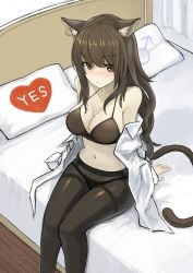 Rule 34 | 1girl, animal ear fluff, animal ears, arknights, arm support, black bra, black panties, black pantyhose, bra, breasts, brown eyes, brown hair, cat ears, cat girl, cat tail, cleavage, closed mouth, commentary, feet out of frame, highres, large breasts, long hair, looking at viewer, mars symbol, navel, off shoulder, on bed, open clothes, open shirt, panties, panties under pantyhose, pantyhose, pillow, sentou kouhei kitsune, shirt, sitting, skyfire (arknights), solo, tail, thighs, underwear, white shirt, yes, yes-no pillow