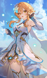 Rule 34 | 1girl, absurdres, arm up, armpits, bare shoulders, blonde hair, breasts, cowboy shot, detached sleeves, dress, flower, genshin impact, gold trim, hair flower, hair ornament, highres, looking at viewer, lumine (genshin impact), medium breasts, open mouth, short hair with long locks, smile, solo, standing, teffish, thighhighs, thighs, white dress, white thighhighs, yellow eyes, zettai ryouiki