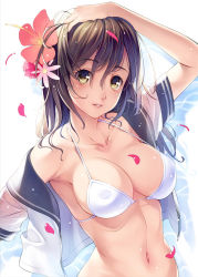 1girl bikini blush breasts brown_eyes brown_hair cleavage collarbone covered_erect_nipples female_focus flower hair_between_eyes hair_flower hair_ornament hibiscus highres ikeda_yasuhiro large_breasts long_hair looking_at_viewer navel open_clothes original parted_lips petals school_uniform serafuku smile solo swimsuit upper_body white_bikini