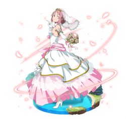 Rule 34 | 1girl, ;), bouquet, breasts, dress, elbow gloves, flower, full body, gloves, high heels, holding, holding bouquet, layered dress, leg up, lisbeth (sao), looking at viewer, looking back, medium breasts, one eye closed, pink hair, pink ribbon, red eyes, ribbon, short hair with long locks, sideboob, sidelocks, sleeveless, sleeveless dress, smile, solo, standing, standing on one leg, strapless, strapless dress, striped ribbon, sword art online, transparent background, white dress, white gloves