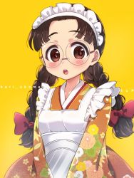 Rule 34 | 10s, 1girl, :o, alternate costume, apron, black hair, blush stickers, bow, braid, brown eyes, brown kimono, commentary, copyright name, floral print, frilled apron, frills, fukuda haru, girls und panzer, glasses, hair bow, holding, holding tray, japanese clothes, kari okome, kimono, long hair, long sleeves, looking at viewer, maid, maid apron, maid headdress, open mouth, parted bangs, print kimono, red bow, round eyewear, solo, standing, tray, twin braids, twintails, twitter username, upper body, wa maid, white apron, wide sleeves, yellow background