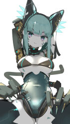 1girl animal_ears aqua_eyes aqua_hair arms_up bikini bikini_top_only breasts cameltoe cat_ears cat_tail claws colored_skin crotch dot_nose extra_arms facial_mark floating_headgear from_below headgear highres hime_cut joints looking_at_viewer mark_under_eye mechanical_arms medium_breasts nanatsuki_sousuke robot_girl robot_joints spread_legs swimsuit tail thighhighs underboob underbust whisker_markings white_background white_skin