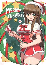 Rule 34 | 1girl, absurdres, bell, belt, black belt, blush, bow, breasts, brown hair, building, capelet, christmas, christmas wreath, city, cityscape, confetti, doki doki literature club, dress, green eyes, hat, heart, highres, holding, jingle bell, large breasts, long hair, looking at viewer, merry christmas, monika (doki doki literature club), night, open mouth, party popper, pom pom (clothes), red bow, red headwear, santa costume, santa dress, santa hat, sidelocks, sky, skyscraper, smile, snow, sparkle, speech bubble, spoken heart, standing, star (symbol), striped clothes, striped thighhighs, teeth, thick thighs, thighhighs, thighs, tony welt, white capelet, white thighhighs, wreath