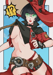 Rule 34 | !, absurdres, belt, branch, breasts, clothes pull, green-tinted eyewear, guilty gear, guilty gear strive, hat, highres, i-no, large breasts, midriff, red lips, sheeeep0617, shirt pull, solo, sunglasses, sweat, thighhighs, tinted eyewear, witch hat