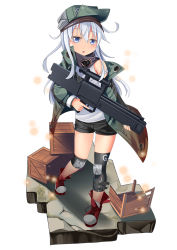 Rule 34 | 1girl, assault rifle, black shorts, blue eyes, boots, box, bullpup, caseless firearm, commentary request, cosplay, cross-laced footwear, g11 (girls&#039; frontline), g11 (girls&#039; frontline) (cosplay), girls&#039; frontline, green hat, green jacket, gun, h&amp;k g11, hair between eyes, hat, hibiki (kancolle), highres, holding, holding gun, holding weapon, horizontal magazine, jacket, kantai collection, knee pads, lace-up boots, long hair, long sleeves, looking at viewer, open clothes, open jacket, open mouth, red footwear, rifle, shirt, short shorts, shorts, silver hair, sleeveless, sleeveless shirt, solo, weapon, white shirt, wooden box, yasume yukito