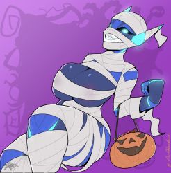 Rule 34 | 1girl, amaryllis-2, arcafterdark, artist name, blue eyes, breasts, candy, clenched hand, commission, destiny (game), female focus, food, glowing, glowing eyes, grin, halloween bucket, halloween costume, jack-o&#039;-lantern, large breasts, looking at viewer, mummy costume, pumpkin, robot, smile, solo, thighs, twitter username