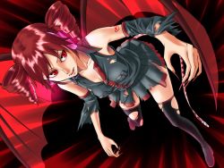 Rule 34 | 1girl, bat wings, claws, demon girl, detached sleeves, drill hair, fangs, headphones, kasane teto, red eyes, red hair, skirt, solo, sukua, thighhighs, tk28, torn clothes, twin drills, twintails, utau, vocaloid, wings