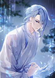 Rule 34 | 1boy, blue hair, branch, commentary request, fighting stance, genshin impact, grey kimono, hair over one eye, highres, hydrokinesis, japanese clothes, kamisato ayato, kimono, long sleeves, male focus, mochizuki shiina, night, outdoors, parted bangs, parted lips, purple eyes, rain, ready to draw, solo, water, wide sleeves