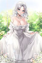 Rule 34 | 1girl, absurdres, armpits, blue eyes, blurry, blurry background, blush, breasts, cleavage, collarbone, cover, cover page, dress, flower, frilled dress, frills, gem, highres, jewelry, large breasts, leaf, lillly, medium hair, original, ornament, see-through, see-through dress, smile, tree, white hair
