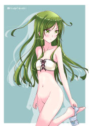 Rule 34 | 10s, 1girl, aqua background, bare arms, bare shoulders, bikini, bikini top only, blue panties, blush, bottomless, breasts, collarbone, cross-laced clothes, eyebrows, front-tie bikini top, front-tie top, frown, green eyes, green hair, groin, kantai collection, leg up, long hair, looking away, looking down, looking to the side, matching hair/eyes, mikage takashi, nagatsuki (kancolle), navel, panties, panties around leg, simple background, small breasts, solo, swimsuit, twitter username, underboob, underwear, white bikini