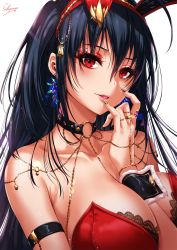 Rule 34 | 1girl, alternate costume, animal ears, arm strap, azur lane, bare shoulders, black hair, blush, breasts, chain, choker, cleavage, earrings, eyeliner, hair between eyes, highres, jewelry, lace trim, large breasts, leotard, long hair, looking at viewer, makeup, nail polish, parted lips, rabbit ears, red eyes, red leotard, ring, sakiyamama, simple background, smile, solo, taihou (azur lane), very long hair, white background, wrist cuffs
