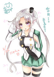 Rule 34 | 1girl, akitsushima (kancolle), animal ears, armpit cutout, armpits, blush, breasts, bridal garter, buttons, cat ears, cat girl, cat tail, chestnut mouth, clothing cutout, collarbone, commentary request, cowboy shot, double-breasted, eyes visible through hair, feet out of frame, gloves, green skirt, hand up, hat, highres, impossible clothes, impossible jacket, izumo ayuka, jacket, kantai collection, kemonomimi mode, large breasts, leaning forward, long hair, long sleeves, looking at viewer, military, military jacket, military uniform, mini hat, miniskirt, open mouth, pleated skirt, purple eyes, raised eyebrows, ringed eyes, side slit, silver hair, simple background, skirt, solo, standing, tail, thighhighs, translation request, twintails, uniform, very long hair, white background, white gloves, white jacket, white thighhighs, wing collar, zettai ryouiki