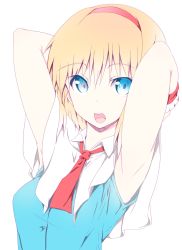 Rule 34 | 1girl, :o, alice margatroid, armpits, arms behind head, arms up, blonde hair, blue dress, blue eyes, breasts, capelet, commentary request, dress, hair between eyes, hairband, looking at viewer, medium breasts, nirap, open mouth, red hairband, red neckwear, short hair, simple background, sleeveless, sleeveless dress, solo, touhou, upper body, white background, white capelet, wing collar