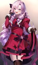 Rule 34 | 1girl, :d, absurdres, black gloves, black hairband, breasts, brown background, claw ring, commentary request, detached sleeves, dress, drill hair, garter straps, gloves, hairband, hand up, highres, hyakumantenbara salome, hyakumantenbara salome (1st costume), juliet sleeves, long hair, long sleeves, looking at viewer, medium breasts, nijisanji, open mouth, parted bangs, puffy sleeves, purple eyes, purple hair, red dress, red sleeves, sidelocks, smile, solo, strapless, strapless dress, suisen-21, thighhighs, very long hair, virtual youtuber