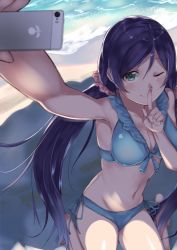 Rule 34 | 10s, 1girl, absurdres, bad id, bad pixiv id, barefoot, bikini, black hair, breasts, cellphone, cleavage, finger to mouth, foreshortening, front-tie top, green eyes, highres, long hair, love live!, love live! school idol festival, love live! school idol project, low twintails, navel, one eye closed, perspective, phone, qwyte, selfie, shade, side-tie bikini bottom, sitting, solo, swimsuit, tojo nozomi, twintails, wariza