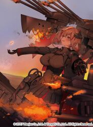 1girl azur_lane black_gloves black_skirt breasts gloves highres large_breasts long_sleeves looking_ahead military_uniform multicolored_hair official_art outdoors parted_lips roon_(azur_lane) short_hair skirt sky smile streaked_hair weapon zenmaibook