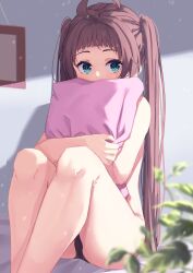 Rule 34 | 1girl, absurdres, ahoge, bare shoulders, blue eyes, blunt bangs, blurry, blurry foreground, blush, brown hair, cameltoe, highres, hololive, long hair, looking at viewer, natsuiro matsuri, hugging object, panties, pillow, plant, solo, starkamisan, thighs, twintails, underwear, virtual youtuber
