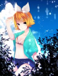 Rule 34 | 1girl, bikini, bikini top only, blonde hair, blue jacket, blue shorts, blue sky, bow, cloud, commentary, cowboy shot, day, hair bow, hair ornament, hairclip, hand up, highres, jacket, kagamine rin, open clothes, open jacket, outdoors, plant, short hair, short shorts, shorts, sky, solo, swept bangs, swimsuit, un known9999, vocaloid, white bow