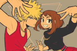 Rule 34 | 1boy, 1girl, arm up, armpits, bakugou katsuki, black shirt, blonde hair, boku no hero academia, bracelet, breasts, brown hair, commentary, dark skin, double v, drizzydoodles, english commentary, gold bracelet, gold necklace, grey background, grin, highres, jewelry, looking at viewer, necklace, official alternate costume, red eyes, red tank top, shirt, short hair, simple background, smile, spiked hair, tank top, twitter username, uraraka ochako, v