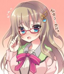 Rule 34 | 1girl, 9-nine-, adjusting eyewear, ameno ame, blush, close-up, commentary request, eyelashes, eyes visible through hair, fidgeting, flying sweatdrops, gear hair ornament, glasses, green eyes, hair between eyes, hand up, index finger raised, kujou miyako, light brown hair, long hair, long sleeves, looking at viewer, neck ribbon, nose blush, open mouth, pink background, pink sweater, red-framed eyewear, red ribbon, ribbon, school uniform, shy, simple background, smile, solo, star (symbol), sweater, translated, very long hair, wavy hair, wing hair ornament