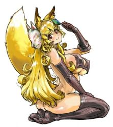 Rule 34 | 1girl, animal ears, black thighhighs, blonde hair, breasts, brown eyes, chikuwa (tks), curly hair, elbow gloves, fox ears, fox tail, full body, gloves, large breasts, leaf, leaf on head, long hair, looking back, mask, no panties, object on head, original, sitting, tail, thighhighs, white background