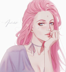 Rule 34 | 1girl, anihelate, artist name, blue eyes, breasts, choker, cleavage, commentary, facial mark, forehead mark, haruno sakura, head rest, heart, highres, long hair, naruto (series), naruto shippuuden, pink hair, pink lips, portrait, purple choker, signature, small breasts, smile, solo, symbol-only commentary