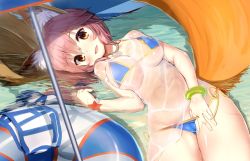Rule 34 | 1girl, :d, animal ears, beach umbrella, bikini, bikini pull, blue bikini, blush, bracelet, breasts, brown eyes, cameltoe, cleavage, clothes pull, covered navel, fang, fate/grand order, fate (series), fox ears, fox tail, hair between eyes, hat, innertube, jewelry, kagome (traumatize), large breasts, looking at viewer, lying, necklace, on side, open mouth, partially submerged, pink hair, see-through, shirt, side-tie bikini bottom, smile, solo, straw hat, swim ring, swimsuit, tail, tamamo (fate), tamamo no mae (fate/extra), tamamo no mae (swimsuit lancer) (fate), tamamo no mae (swimsuit lancer) (second ascension) (fate), umbrella, unworn hat, unworn headwear, wet, wet clothes, wet shirt