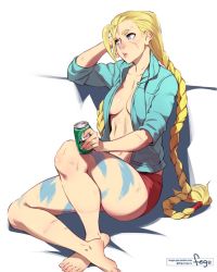 Rule 34 | 1girl, ass, barefoot, beer can, blue eyes, braid, breasts, cammy white, can, cleavage, collarbone, drink can, feet, feguimel, heineken, jacket, long hair, low twintails, scar, shorts, solo, street fighter, toes, twin braids, twintails, very long hair