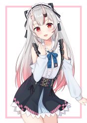 Rule 34 | 1girl, :d, black bow, black hairband, black ribbon, black skirt, blue bow, bow, center frills, clothing cutout, collared shirt, commentary request, eyebrows hidden by hair, fang, frilled hairband, frilled shirt collar, frills, grey hair, hair bow, hairband, highres, hololive, horns, long hair, long sleeves, looking at viewer, multicolored hair, nakiri ayame, nakiri ayame (girly), oni, open mouth, red eyes, red hair, ribbon, seventeen (st17215), shirt, shoulder cutout, skin-covered horns, skirt, smile, solo, streaked hair, very long hair, virtual youtuber, white background, white shirt