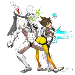 Rule 34 | 1boy, 1girl, ass, bodysuit, brown hair, chip-tooth, cyborg, genji (overwatch), heart, highres, orange bodysuit, overwatch, overwatch 1, skin tight, tongue, tongue out, tracer (overwatch), yellow eyes