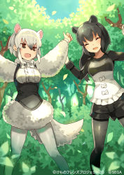 Rule 34 | 2girls, :d, ^ ^, animal ear fluff, animal ears, arms up, backlighting, black hair, black legwear, black shorts, blue sky, blurry, bodice, bow, bowtie, brown eyes, bush, center frills, claw pose, clenched hands, closed eyes, company name, copyright name, dappled sunlight, day, depth of field, dot nose, dress, extra ears, facing viewer, feet out of frame, forest, frilled shirt, frills, fur collar, furrowed brow, gradient hair, hair between eyes, kemono friends, kemono friends 3, kemono friends 3: planet tours, legs apart, pantyhose under shorts, long sleeves, looking at another, malayan tapir (kemono friends), multicolored hair, multiple girls, nature, open mouth, outdoors, outstretched arms, pantyhose, pigeon-toed, shirt, short hair, shorts, sidelocks, sky, smile, southern tamandua (kemono friends), sunlight, tail, tamandua ears, tamandua tail, tapir ears, tapir tail, tobi (kotetsu), tree, two-tone hair, underbust, v-shaped eyebrows, white bow, white dress, white hair, white legwear, white neckwear, |d